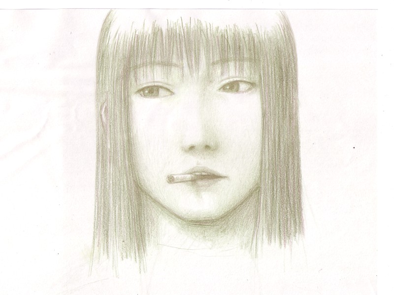 green, haibane_renmei, long_hair, monochrome, realistic, reki, sketch, smoking