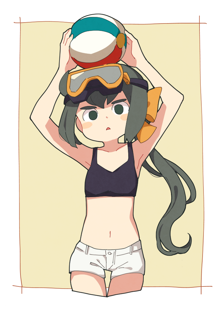 1girl, armpits, arms_up, ball, beachball, black_hair, bow, constanze_amalie_von_braunschbank-albrechtsberger, goggles, goggles_on_head, hair_bow, holding, little_witch_academia, long_ponytail, nakkasu, short_shorts, shorts, solid_eyes, solo, tank_top, thigh_gap