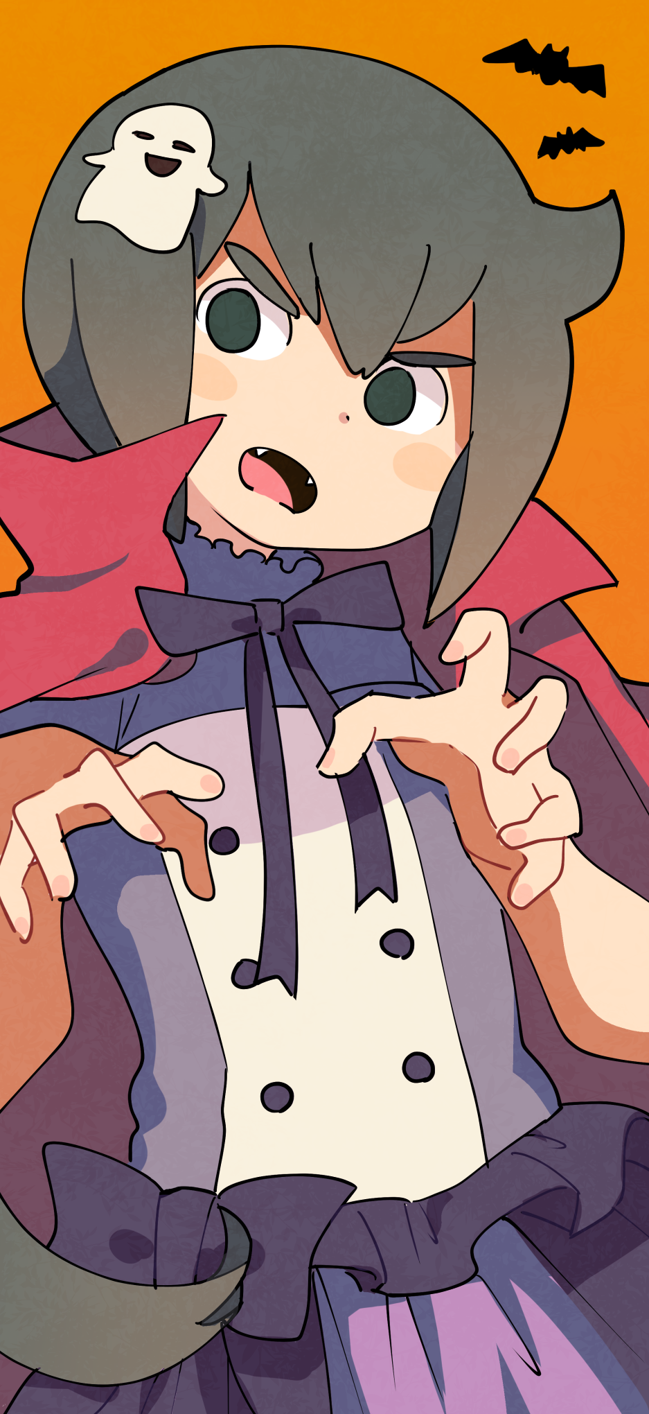 1girl, black_hair, cape, claw_pose, constanze_amalie_von_braunschbank-albrechtsberger, fangs, ghost_hair_ornament, halloween