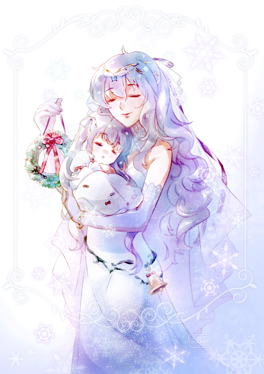 2girls, baby, blue_hair, blush, carrying, christmas, circlet, closed_eyes