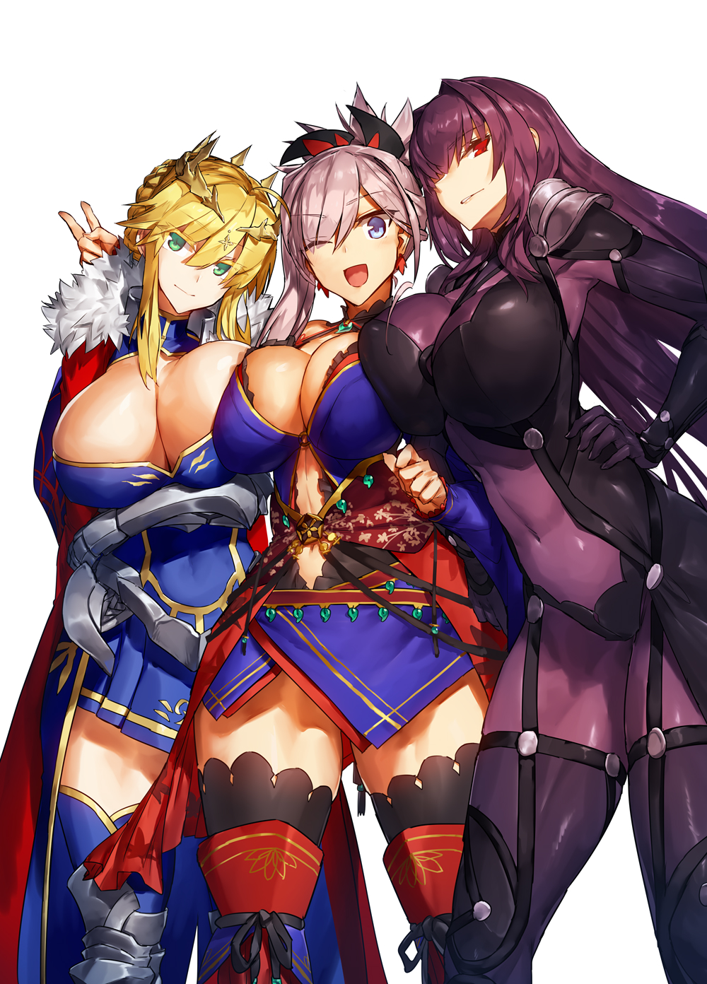 3girls, :d, armor, artoria_pendragon_(all), artoria_pendragon_(lancer), black_legwear, blue_eyes, blue_kimono