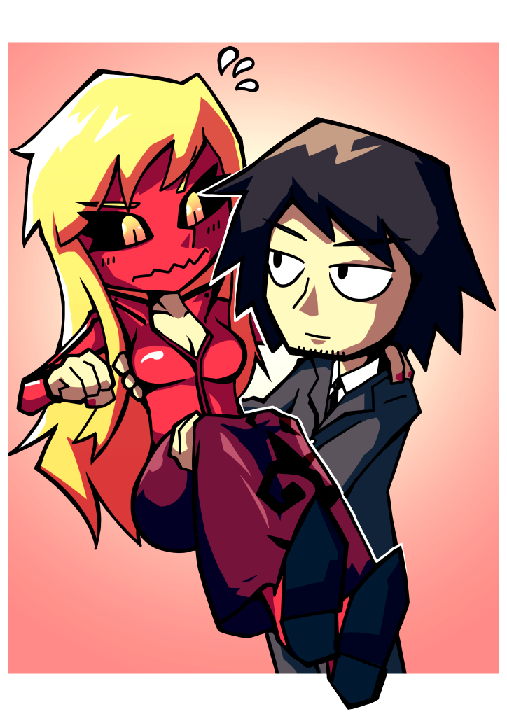 angel_(drag-on_dragoon), angelegna_dod_alternative_~fuuin_gakuen~, black_eyes, black_footwear, black_hair, black_sclera, blonde_hair, breasts, caim, carrying, cleavage, closed_mouth, commentary, drag-on_dragoon, drag-on_dragoon_1, english_commentary, facial_hair, fingernails, long_skirt, medium_breasts, nail_polish, notice_lines, pink_background, princess_carry, purple_skirt, red_nails, sanpaku, setz, shoes, skirt, slit_pupils, stubble, wavy_mouth, yellow_eyes