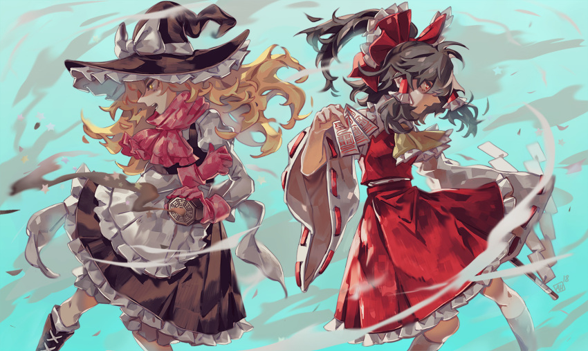 2girls, apron, arlmuffin, ascot, bangs, black_dress, black_hat, blonde_hair