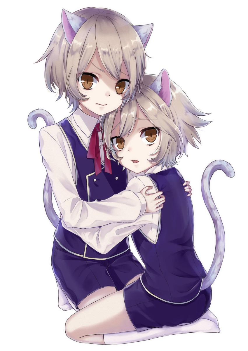 2boys, :>, animal_ears, bangs, black, blue_shirt, blue_shorts, brown_eyes