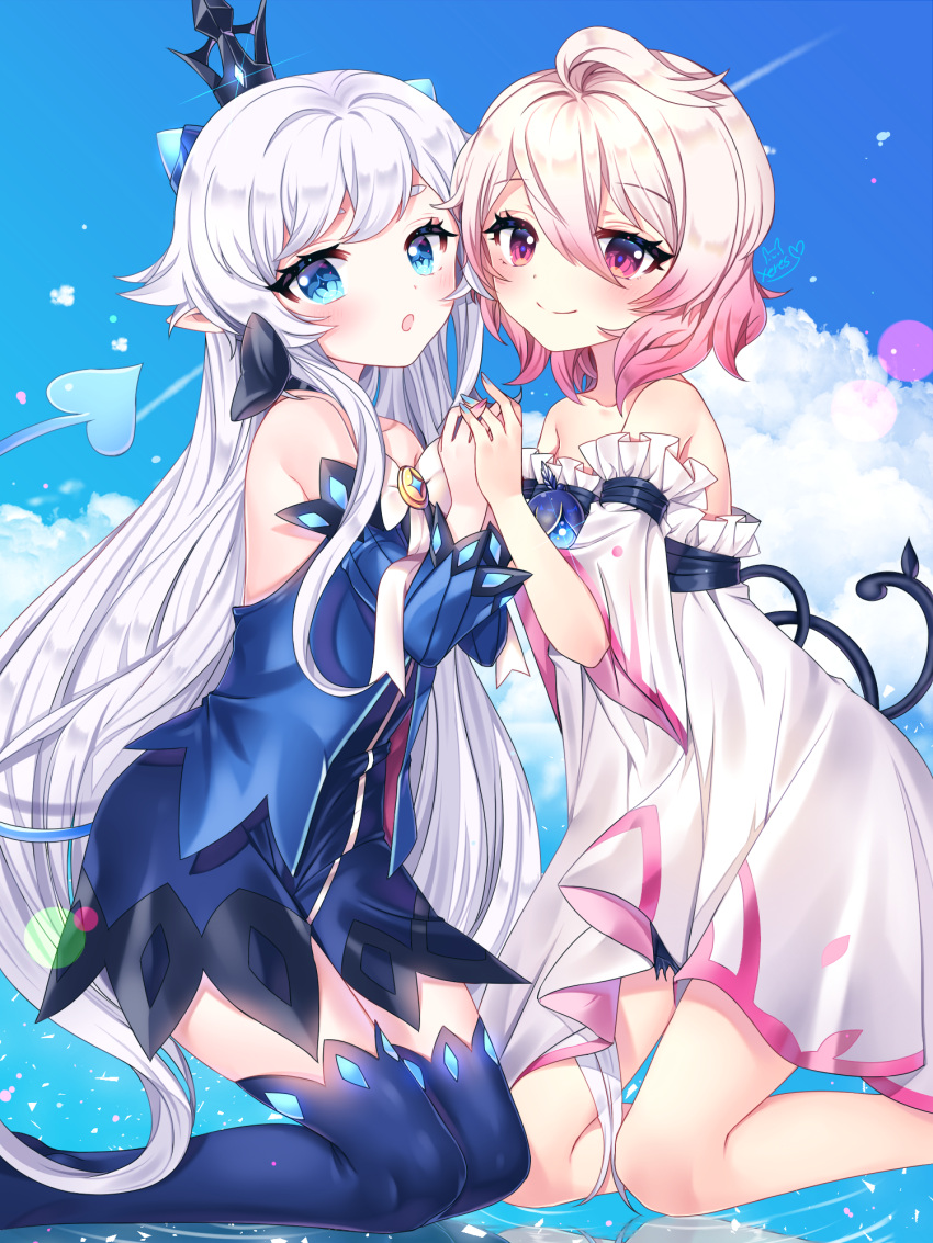 2girls, ahoge, bare_legs, bare_shoulders, black_bow, blue_background, blue_dress, blue_eyes