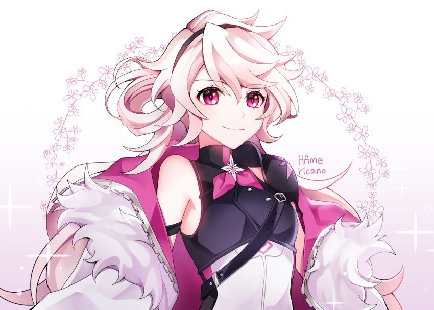 1girl, artist_name, black_hairband, closed_mouth, elsword, eternity_winner_(elsword), fur_trim, hairband