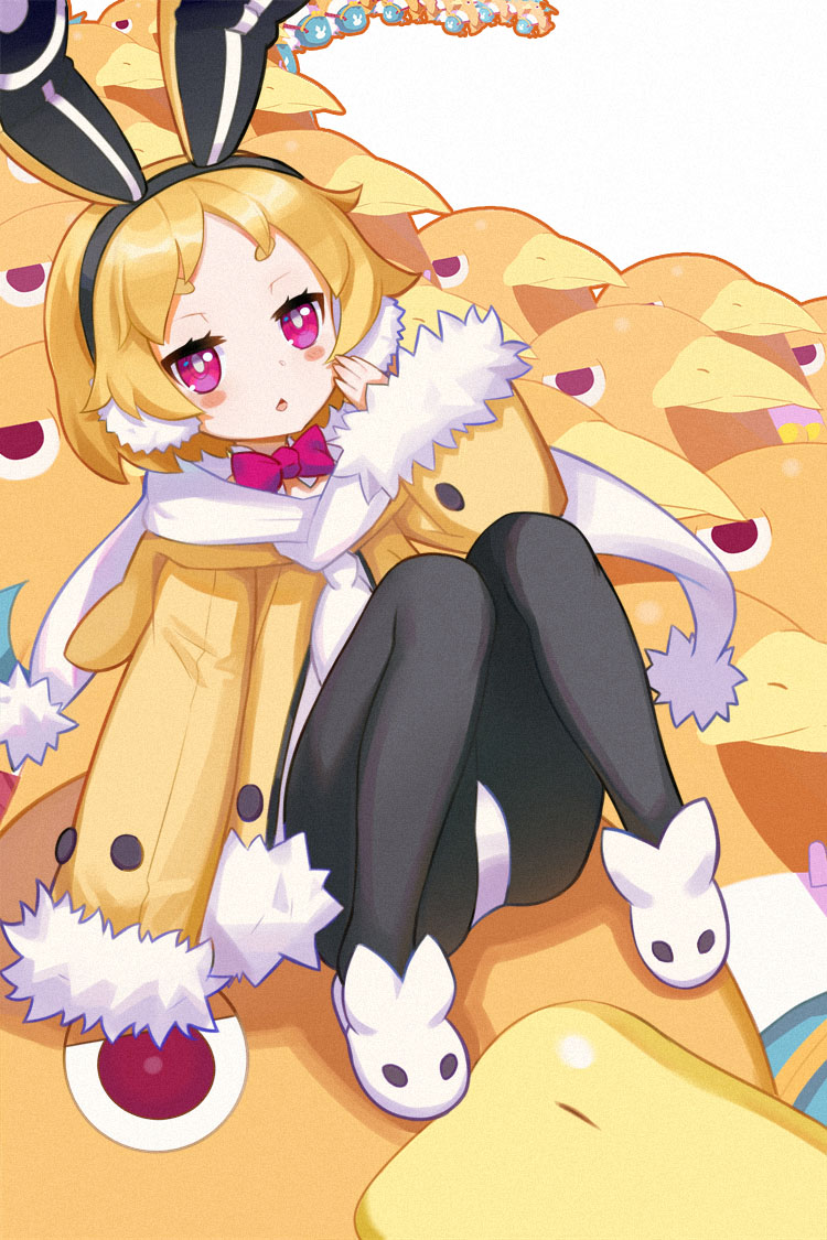 1girl, animal_ears, black_legwear, blonde_hair, bow, bowtie, bright_pupils, creature