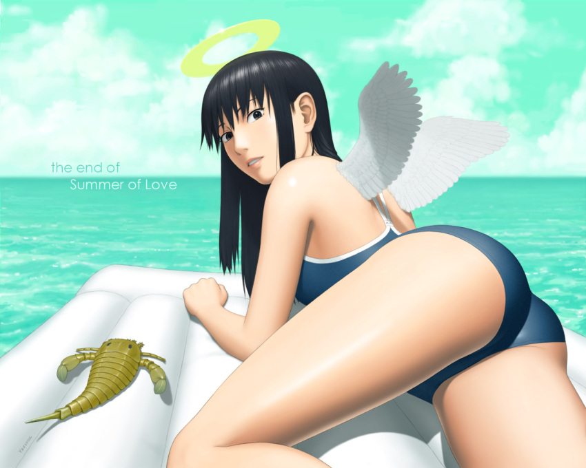 ass, bare_shoulders, black_eyes, black_hair, haibane_renmei, halo, inflatable_raft, long_hair, looking_back, ocean, one-piece_swimsuit, raft, reki, school_swimsuit, sky, swimsuit, swuimsuit, wings, yasunon