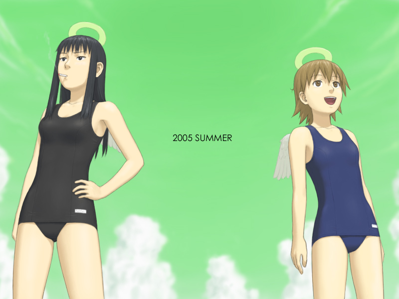 black_eyes, black_hair, brown_eyes, brown_hair, cigarette, cloud, clouds, haibane_renmei, halo, long_hair, one-piece_swimsuit, rakka, reki, school_swimsuit, sky, smile, swimsuit, swuimsuit, wings, yasunon