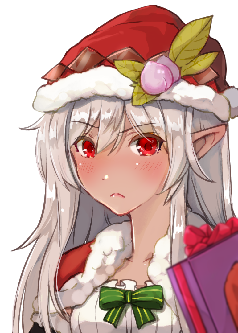 1girl, blush, bow, buronko, dark_skin, food_themed_hair_ornament, frown, gift