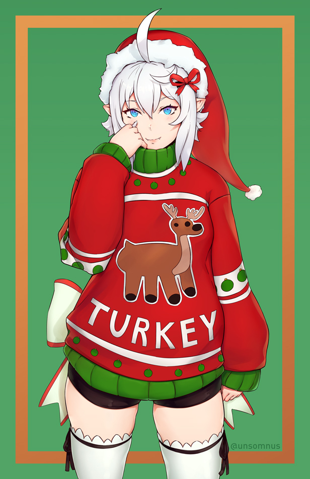 1girl, ahoge, bangs, blue_eyes, blush, bow, christmas, closed_mouth