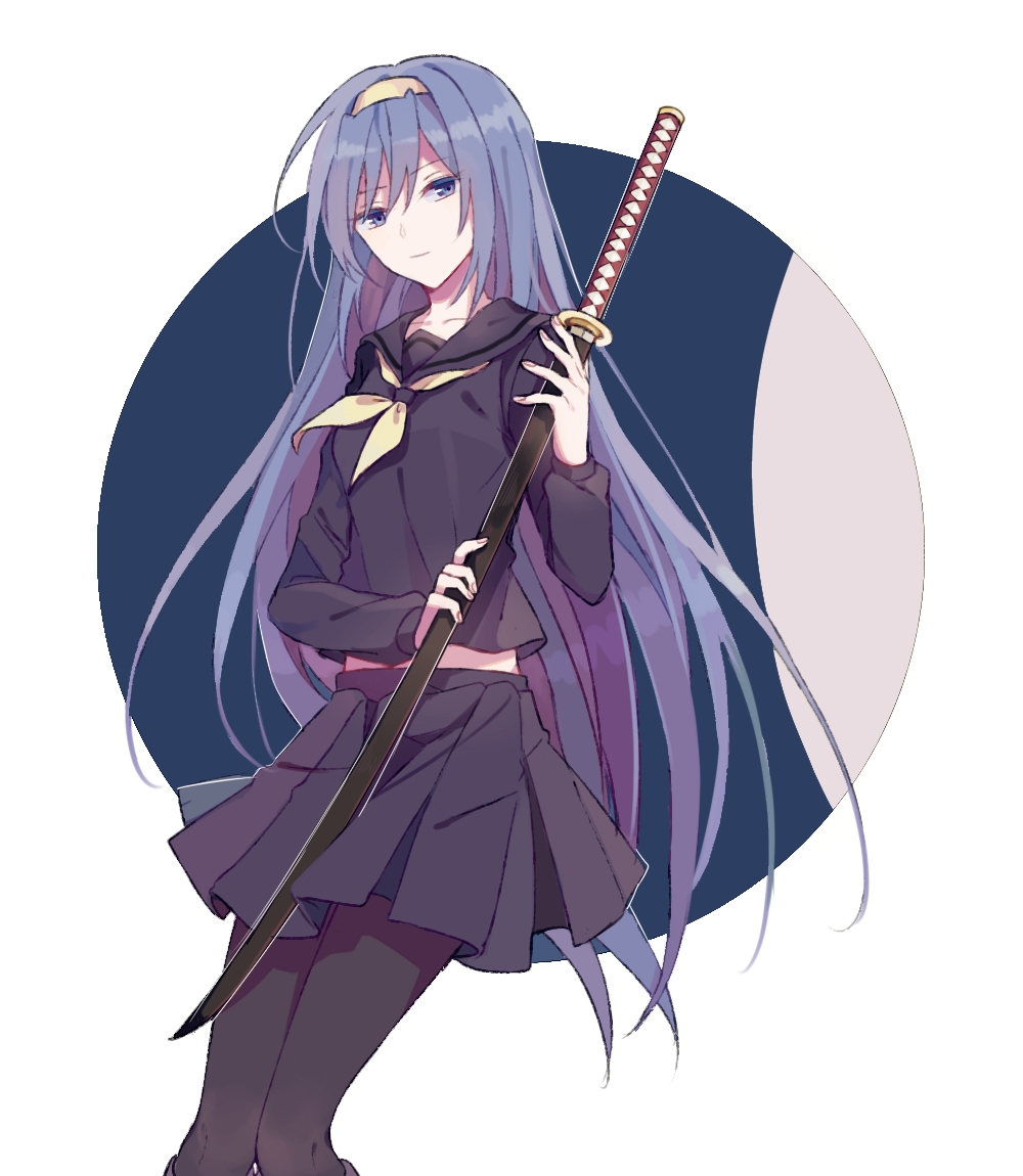 1girl, black_legwear, black_serafuku, black_skirt, blue_eyes, blue_hair, closed_mouth, hairband