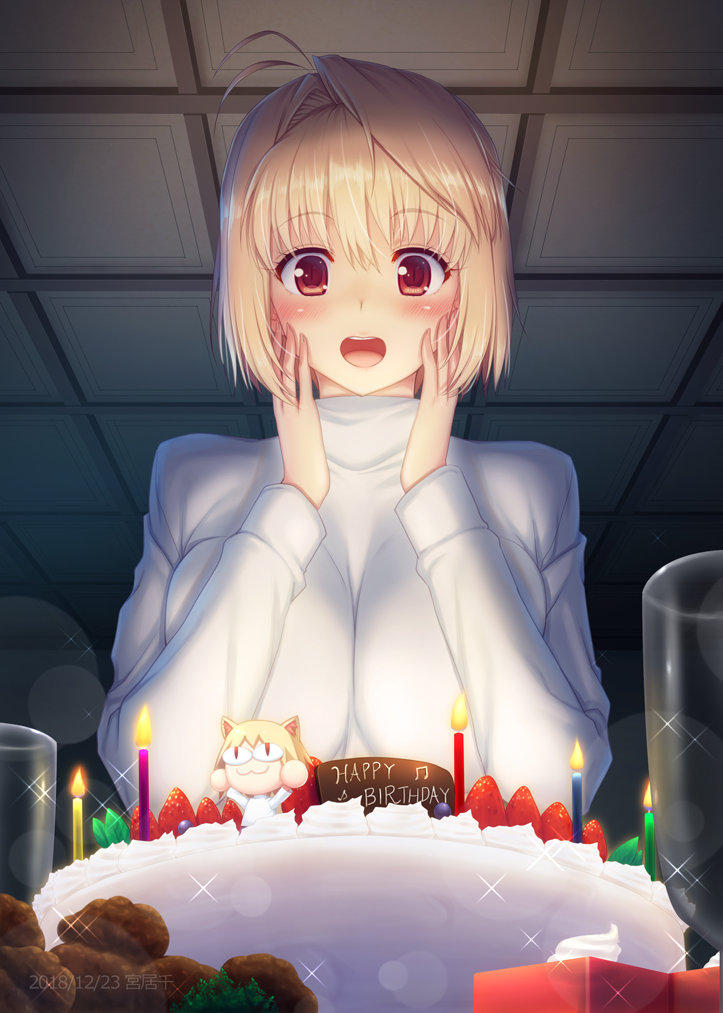 1girl, ahoge, arcueid_brunestud, blonde_hair, blush, breasts, cake, food