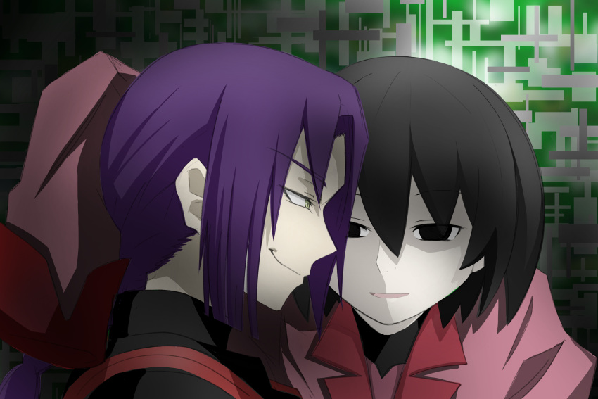 2girls, black_eyes, braid, chikujouin_magane, crossover, highres, long_hair, monogatari_(series), multiple_girls, oshino_ougi, owarimonogatari, pale_skin, purple_hair, re:creators, school_uniform, serafuku, short_hair, single_braid, sleeping, smile, sugisaki_shiro