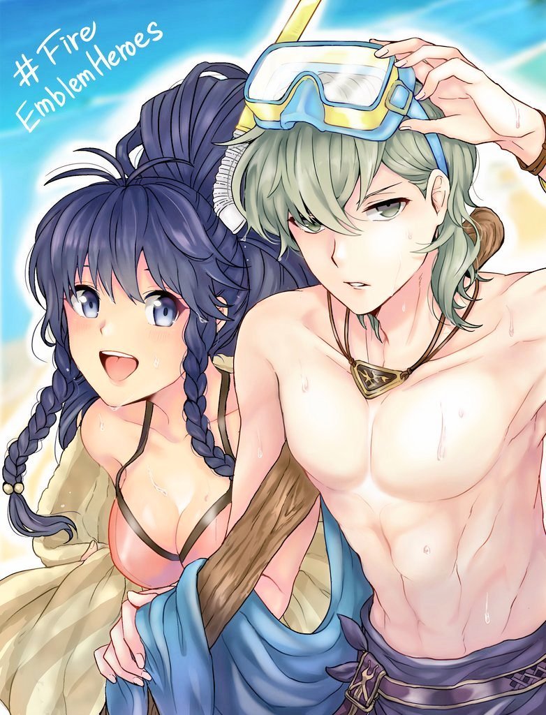 abs, akina_(akn1819), blue_eyes, blue_hair, bracelet, braid, breasts, brother_and_sister