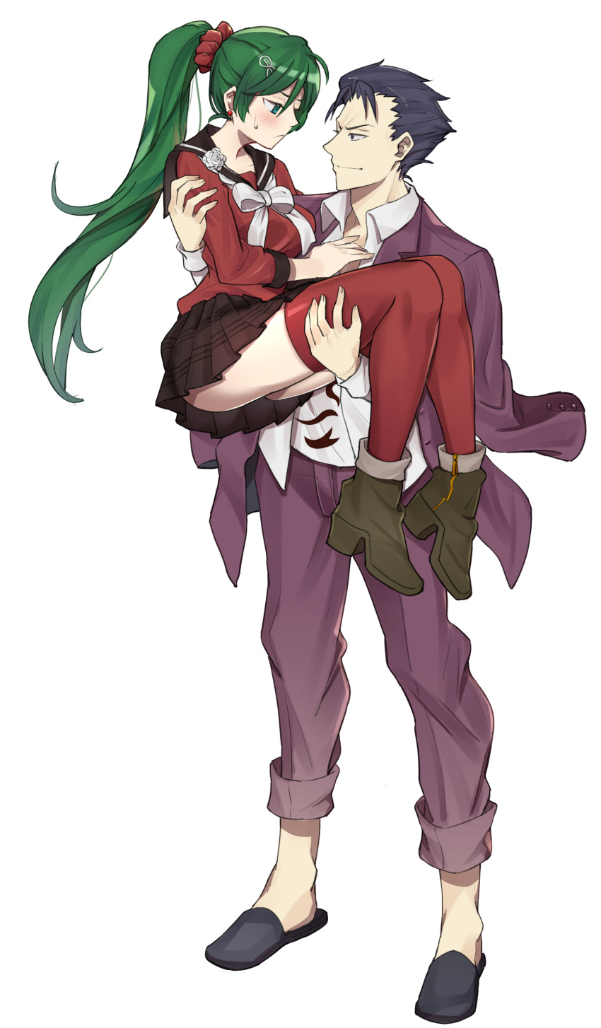 absurdres, alternate_costume, black_hair, boots, bow, bowtie, breasts, carrying