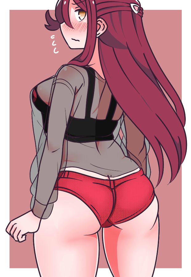 1girl, ass, back, bangs, black_shirt, blush, breasts, brown_eyes