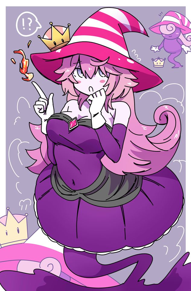 !?, 1girl, :o, =3, bare_shoulders, before_and_after, blush_stickers, breasts, brooch, cleavage, commentary, covered_navel, crown, dress, fire, floating, flying_sweatdrops, ghost_tail, gloves, grey_eyes, hat, jewelry, kumaneko_(kumaneko1138), lace, lace-trimmed_dress, long_hair, magic, super_mario_bros., medium_breasts, medium_dress, messy_hair, monster_girl, new_super_mario_bros._u_deluxe, nintendo, notice_lines, open_mouth, paper_mario, pink_hair, pink_hat, pointing, pointing_up, purple_dress, solo, spoken_interrobang, steam, strapless, strapless_dress, super_crown, vivian_(paper_mario), white_gloves, witch_hat