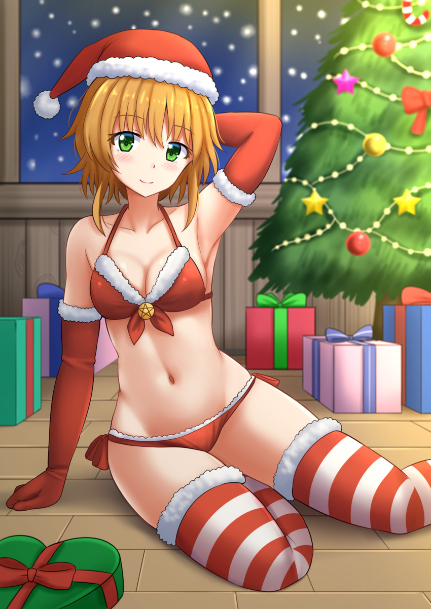 1girl, arm_behind_head, arm_support, arm_up, armpits, bangs, bare_shoulders, bikini