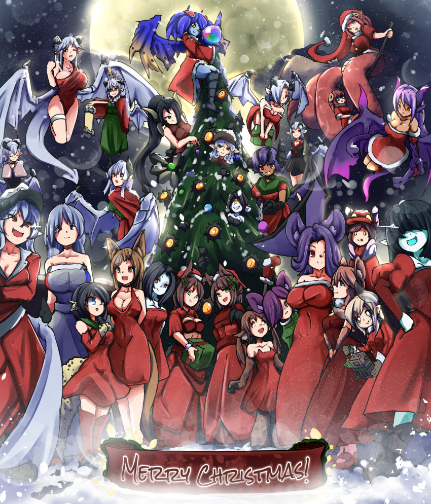 6+girls, :d, absurdres, animal_ears, annotation_request, baphomet_(monster_girl_encyclopedia), black_hair, blue_eyes
