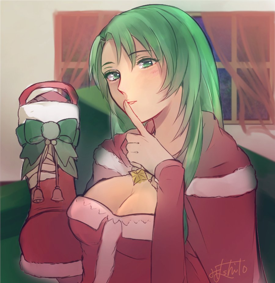 1girl, boots, bow, breasts, cecilia_(fire_emblem), cleavage, curtains, finger_to_mouth
