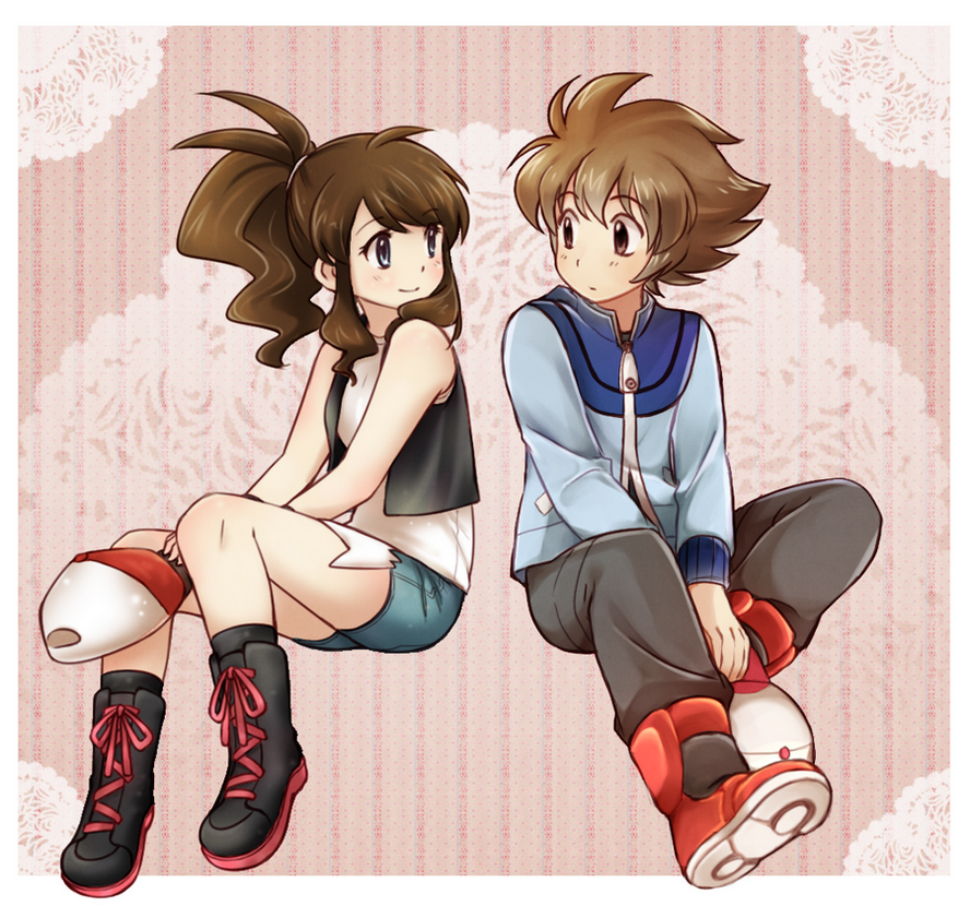 1boy, 1girl, black_(pokemon), black_footwear, black_pants, blue_shorts, brown_background, brown_eyes