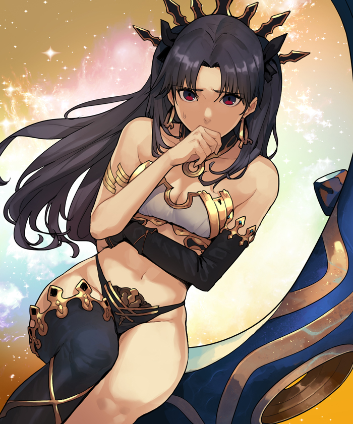 1girl, armlet, asymmetrical_legwear, asymmetrical_sleeves, bangs, black_panties, bra, breasts, cleavage, commentary_request, covering_mouth, crown, earrings, elbow_gloves, eyebrows_visible_through_hair, fate/grand_order, fate_(series), gloves, hand_on_hip, hand_on_own_chin, hand_over_own_mouth, head_tilt, heavenly_boat_maanna, highleg, highleg_panties, hoop_earrings, invisible_chair, ishtar_(fate/grand_order), jewelry, legs, lingerie, long_hair, long_legs, looking_at_viewer, medium_breasts, mismatched_underwear, navel, neck_ring, panties, parted_bangs, single_elbow_glove, single_thighhigh, sitting, skindentation, solo, star, starry_background, strapless, strapless_bra, sungwon, thigh-highs, two_side_up, underwear, white_bra