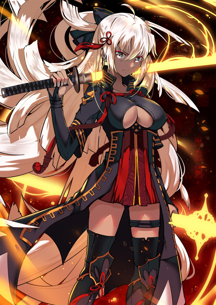 absurdres, ahoge, black_bow, boots, bow, breasts, collarbone, dark_skin, dual_wielding, energy, energy_sword, engry, fate/grand_order, fate_(series), grey_eyes, hair_bow, highres, holding, katana, long_hair, looking_at-viewer, looking_at_viewer, lucky_(1045044604), okita_souji_(alter)_(fate), okita_souji_(fate)_(all), over_shoulder, standing, sword, thigh-highs, thigh_boots, thigh_strap, under_boob, underboob_cutout, very_long_hair, weapon, weapon_over_shoulder, wind