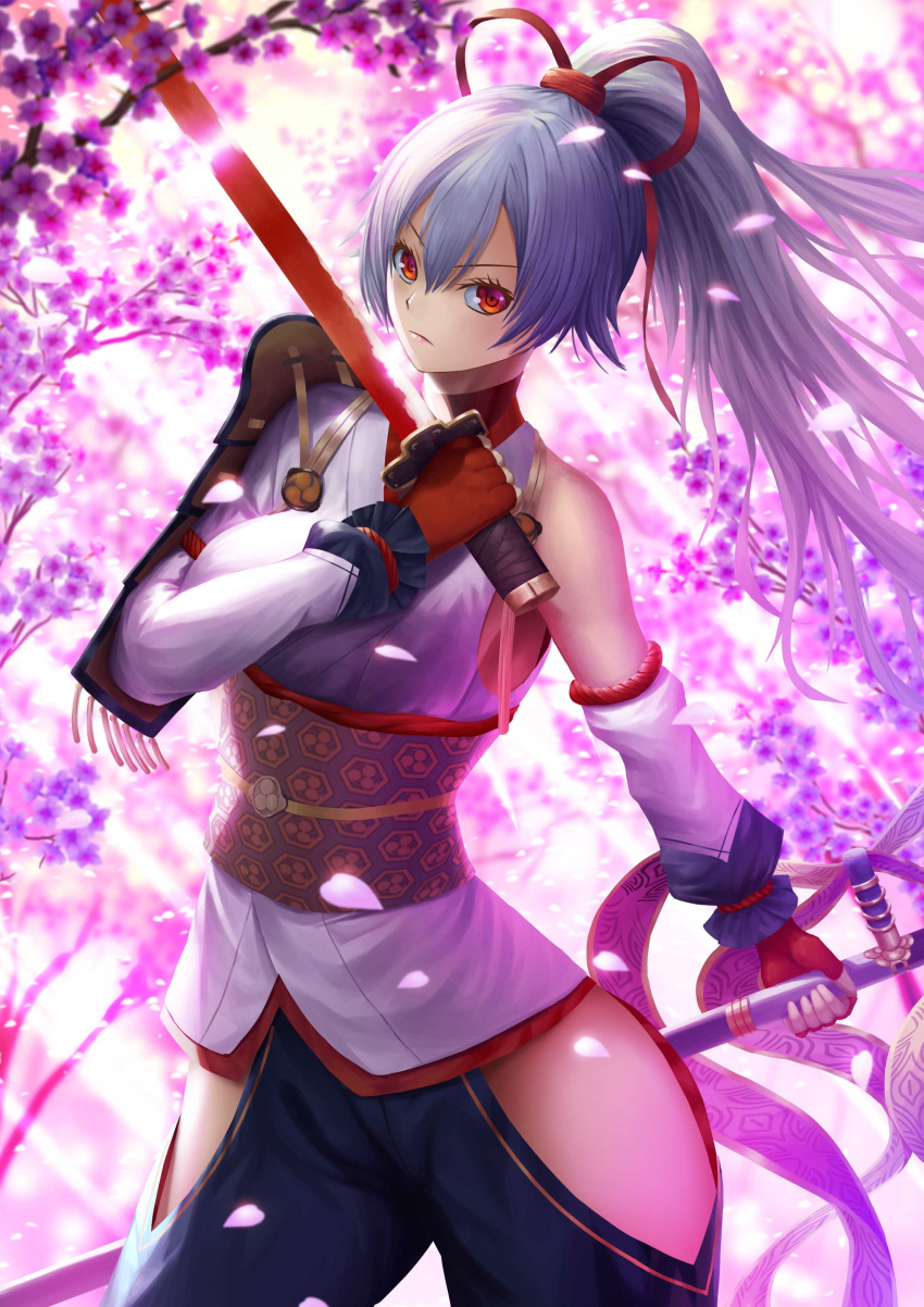 1girl, absurdres, armor, asymmetrical_sleeves, blue_hakama, breasts, cherry_blossoms, detached_sleeves