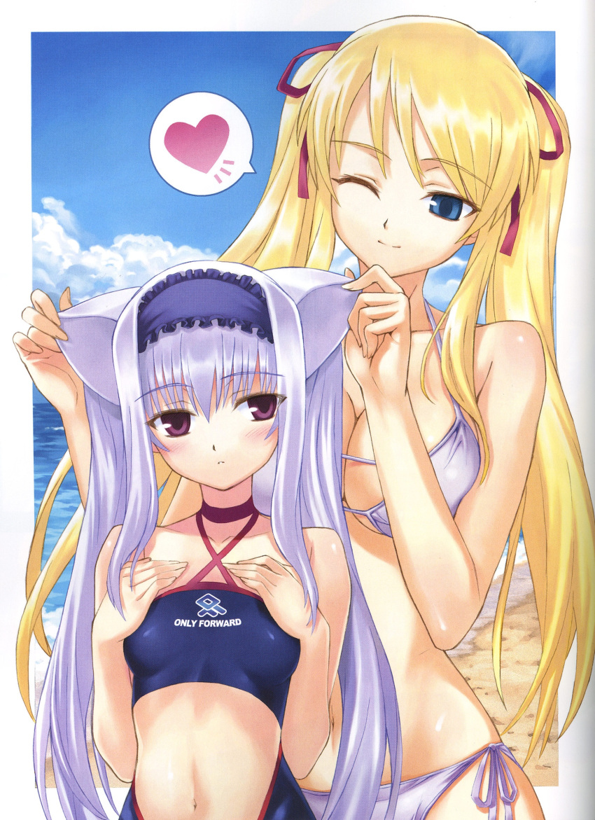 absurdres, animal_ears, beach, bikini, blonde_hair, blue_eyes, blush, breasts