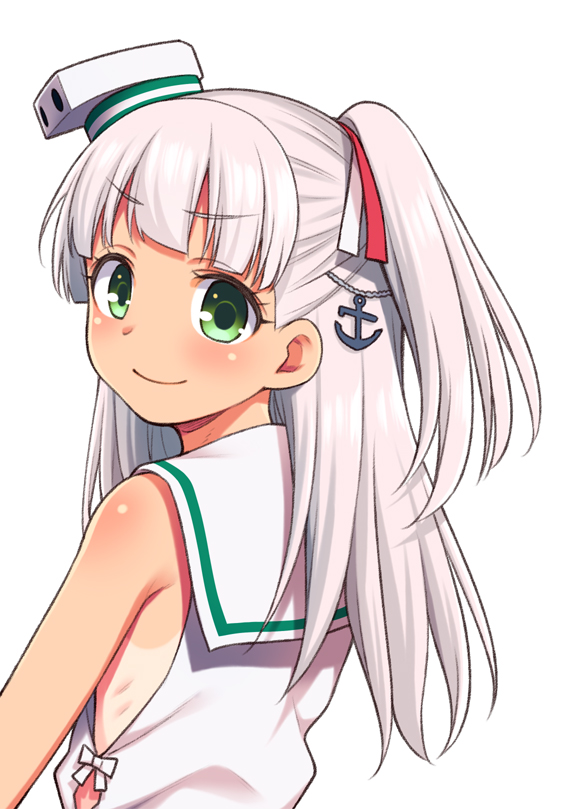 1girl, anchor_hair_ornament, bare_shoulders, green_eyes, grey_hair, hair_ornament, hair_ribbon, hat