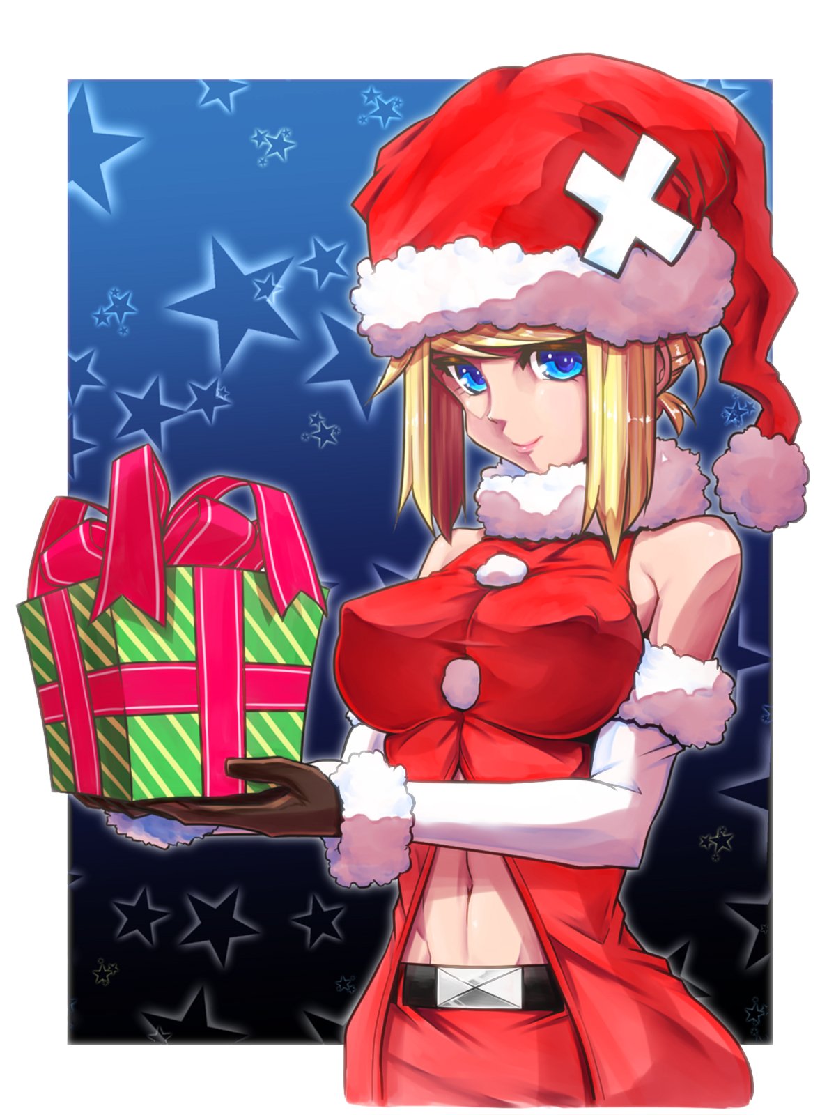 1girl, belt, blonde_hair, blue_eyes, breasts, christmas, commentary, erect_nipples