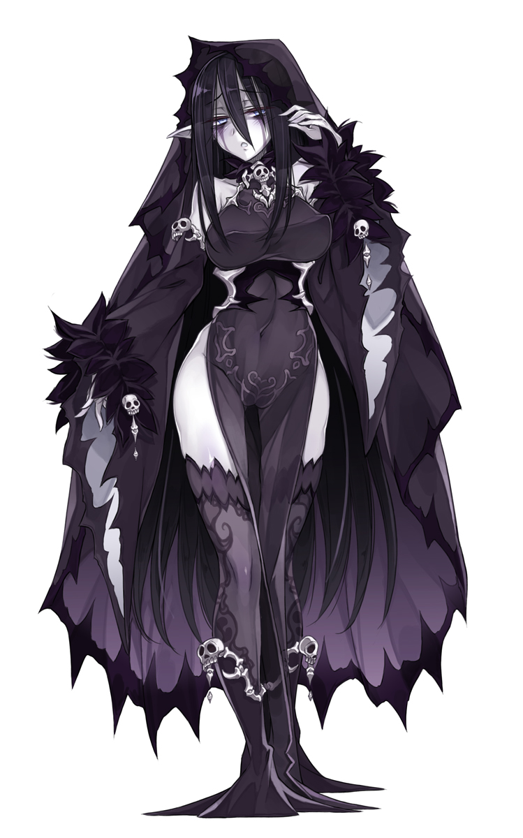 1girl, aqua_eyes, banshee_(monster_girl_encyclopedia), bare_shoulders, black_hair, black_legwear, blush, breasts