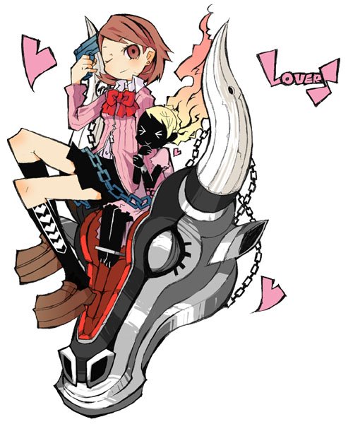 brown_hair, cardigan, chain, evoker, gun, gun_to_head, heart, io_(megami_tensei)