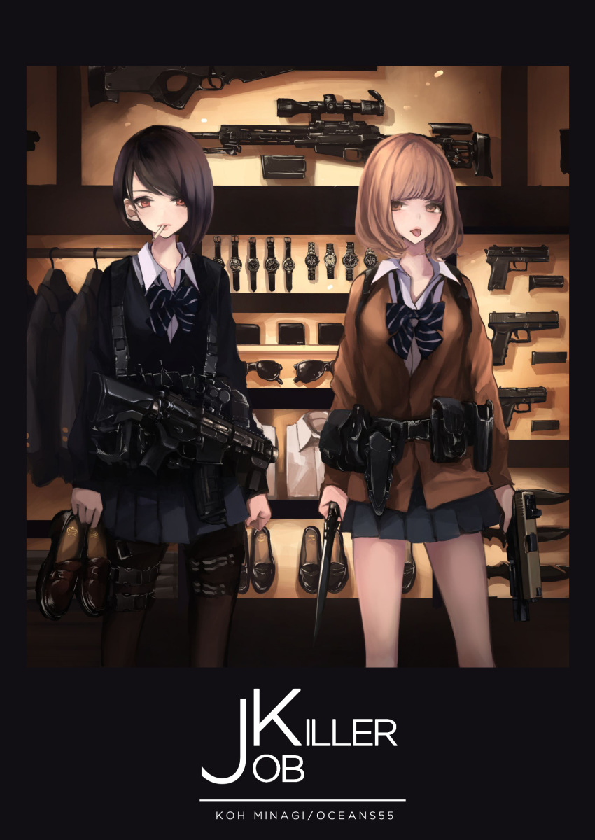 2girls, :p, asymmetrical_hair, bangs, belt, black_hair, black_legwear, blunt_bangs