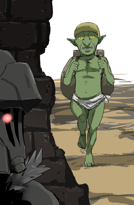 armor, backpack, bag, baseball_cap, commentary, glowing, glowing_eyes, goblin