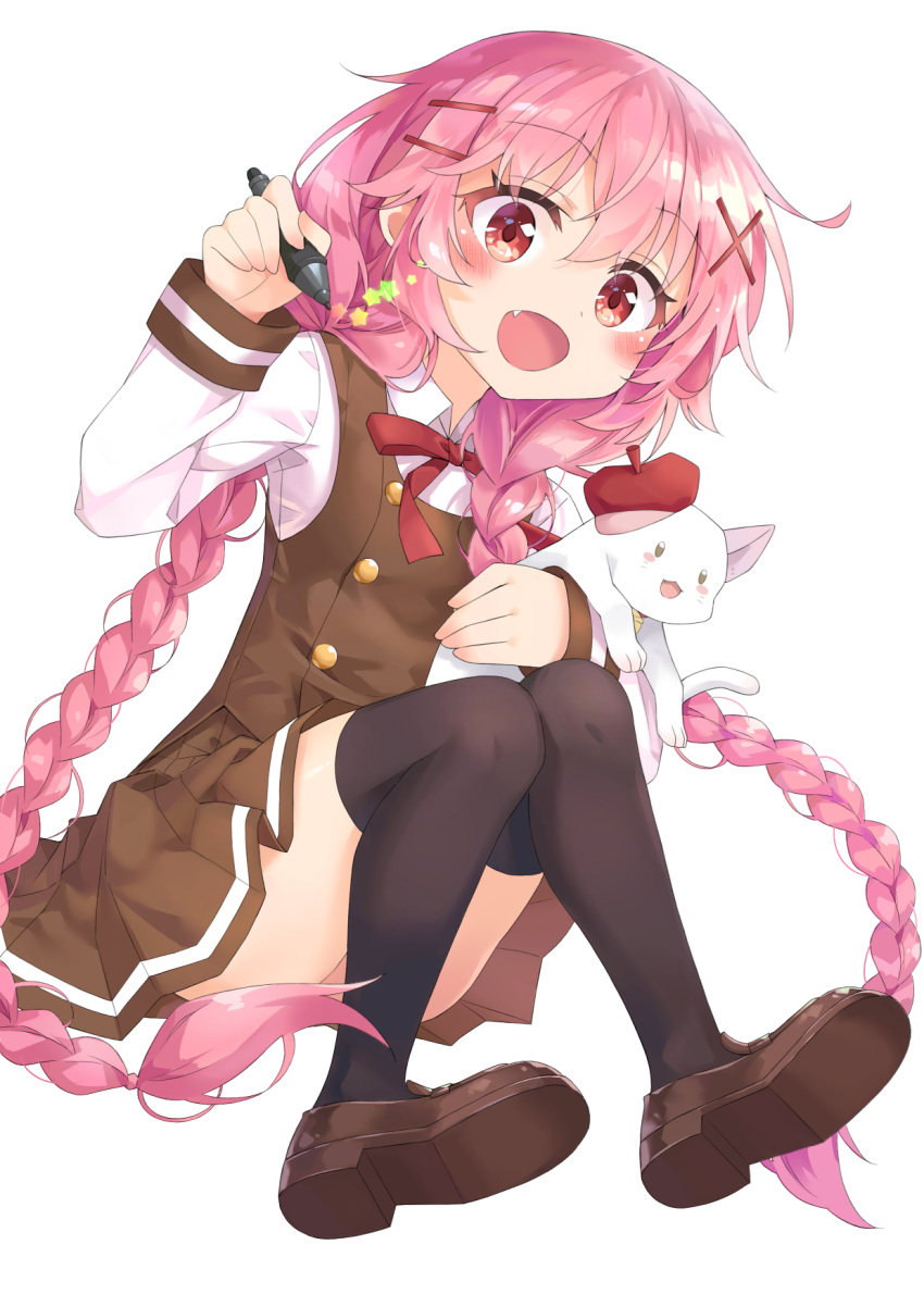 1girl, :d, ass, bangs, black_legwear, blush, braid, brown_footwear