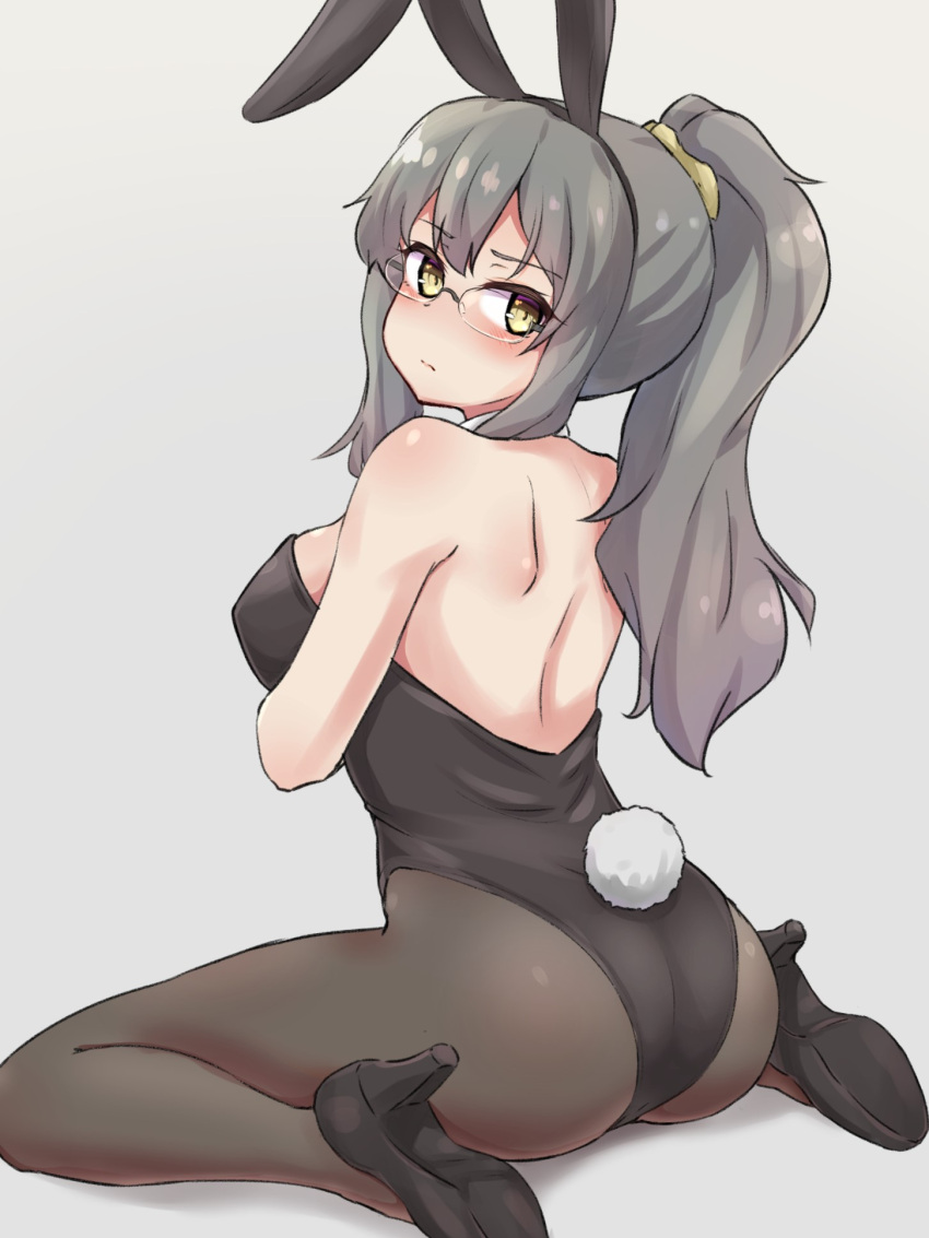 1girl, animal_ears, ass, black_footwear, black_leotard, brown_eyes, bunny_girl, bunny_tail