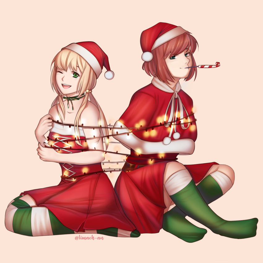 2girls, ;d, absurdres, artist_name, bare_arms, bare_shoulders, blonde_hair, brown_hair