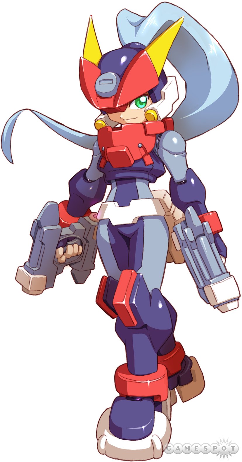 blue_hair, bodysuit, gun, helmet, highres, horns, mega, mega_man_(series)