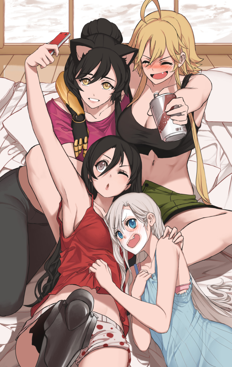 4girls, ahoge, alternate_universe, animal_ears, beer_can, blake_belladonna, blanket, blush