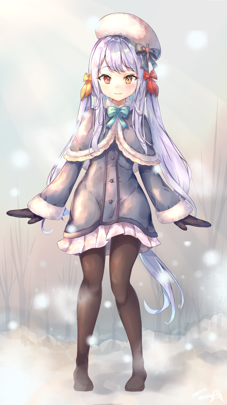 1girl, bangs, black_legwear, black_mittens, black_ribbon, blue_neckwear, buttons, closed_mouth