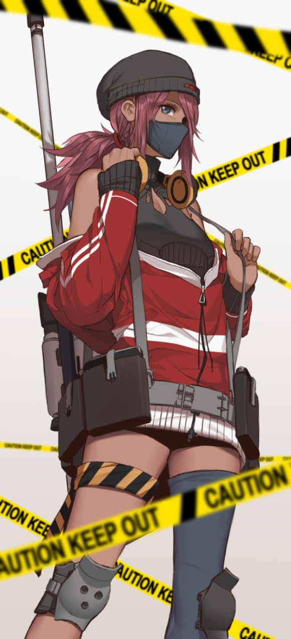 1girl, alternate_universe, asymmetrical_legwear, beanie, blue_eyes, caution_tape, cleavage_cutout, dishwasher1910, english_text, face_mask, gun, hair_ribbon, hat, headphones, headphones_around_neck, highres, jacket, jacket_removed, knee_pads, mask, may_zedong, redhead, ribbon, rifle, rwby, sniper_rifle, solo, suspenders, thigh-highs, thighs, weapon