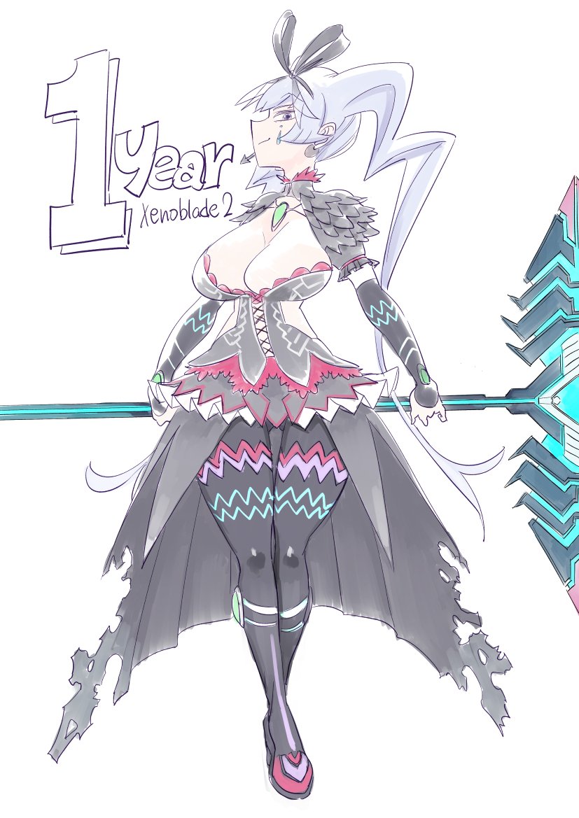 1girl, blush, breasts, dress, drill_hair, full_body, gothic, grey_hair, large_breasts, long_hair, mei_(xenoblade), nintendo, scythe, simple_background, smile, solo, tibonobannsann, weapon, white_background, xenoblade_(series), xenoblade_2