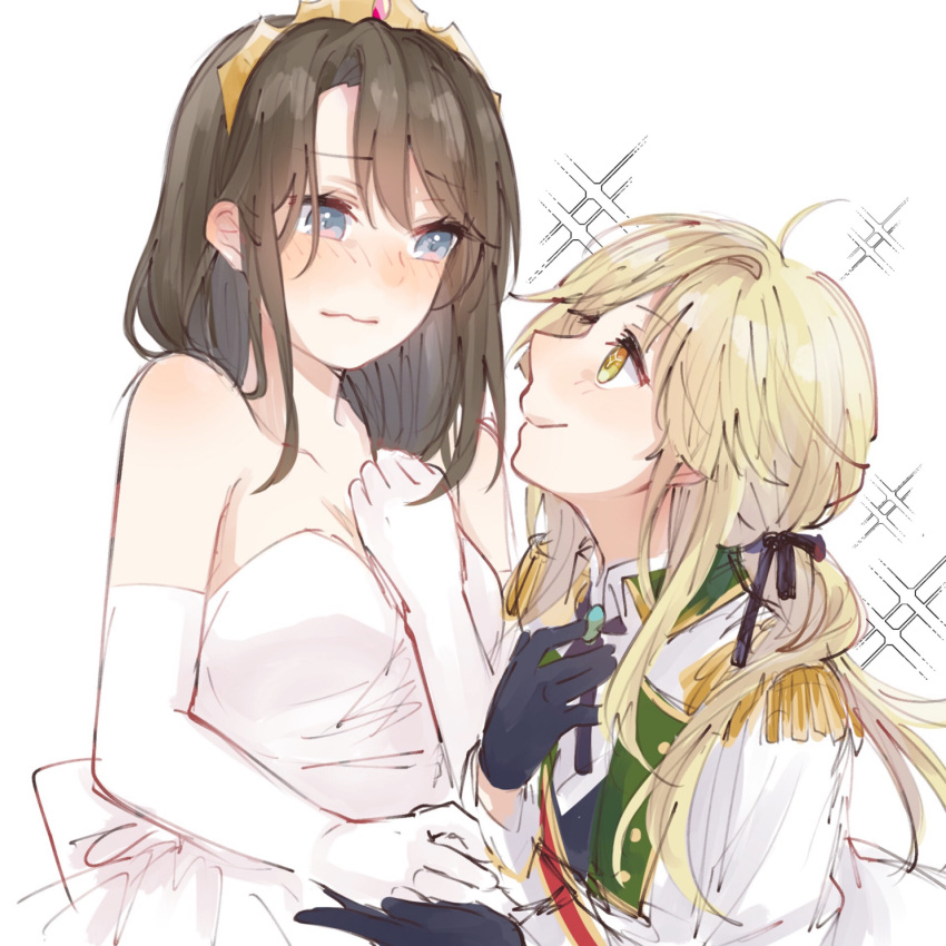2girls, ahoge, bang_dream!, bangs, black_gloves, black_hair, black_neckwear, black_ribbon, blonde_hair, blue_eyes, blush, dress, elbow_gloves, epaulettes, formal, gloves, hair_ribbon, hand_on_another's_hand, hand_on_own_chest, highres, looking_at_another, multiple_girls, neck_ribbon, okusawa_misaki, ponytail, ribbon, romeo_(vocaloid), sash, sketch, smile, sparkle, strapless, strapless_dress, succhii_(pikaru), suit, tiara, tsurumaki_kokoro, white_background, white_dress, white_gloves, white_suit, yellow_eyes, yuri
