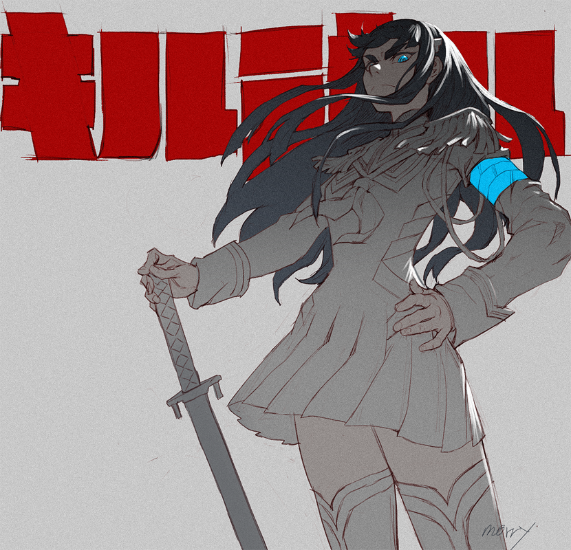 1girl, bakuzan, black_hair, blue_eyes, eyebrows, high_collar, junketsu, katana
