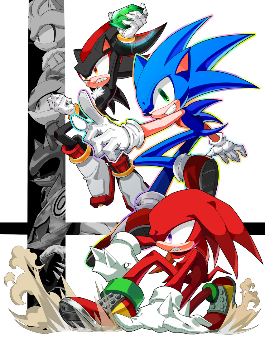 angry, animal_ears, armor, artist_request, blaze_the_cat, blue_eyes, chaos_emerald, full_body, furry, gloves, highres, infinite_(sonic), knuckles_the_echidna, male_focus, metal_sonic, nintendo, open_mouth, red_eyes, sega, shadow_the_hedgehog, shoes, silver_the_hedgehog, simple_background, sonic, sonic_(series), sonic_the_hedgehog, super_smash_bros., super_smash_bros._ultimate, tail, tteum93, white_background