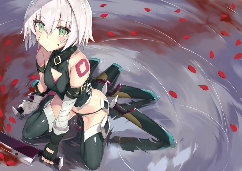 1girl, armpit_crease, bandage, bandaged_arm, bandages, bangs, bare_shoulders, belt