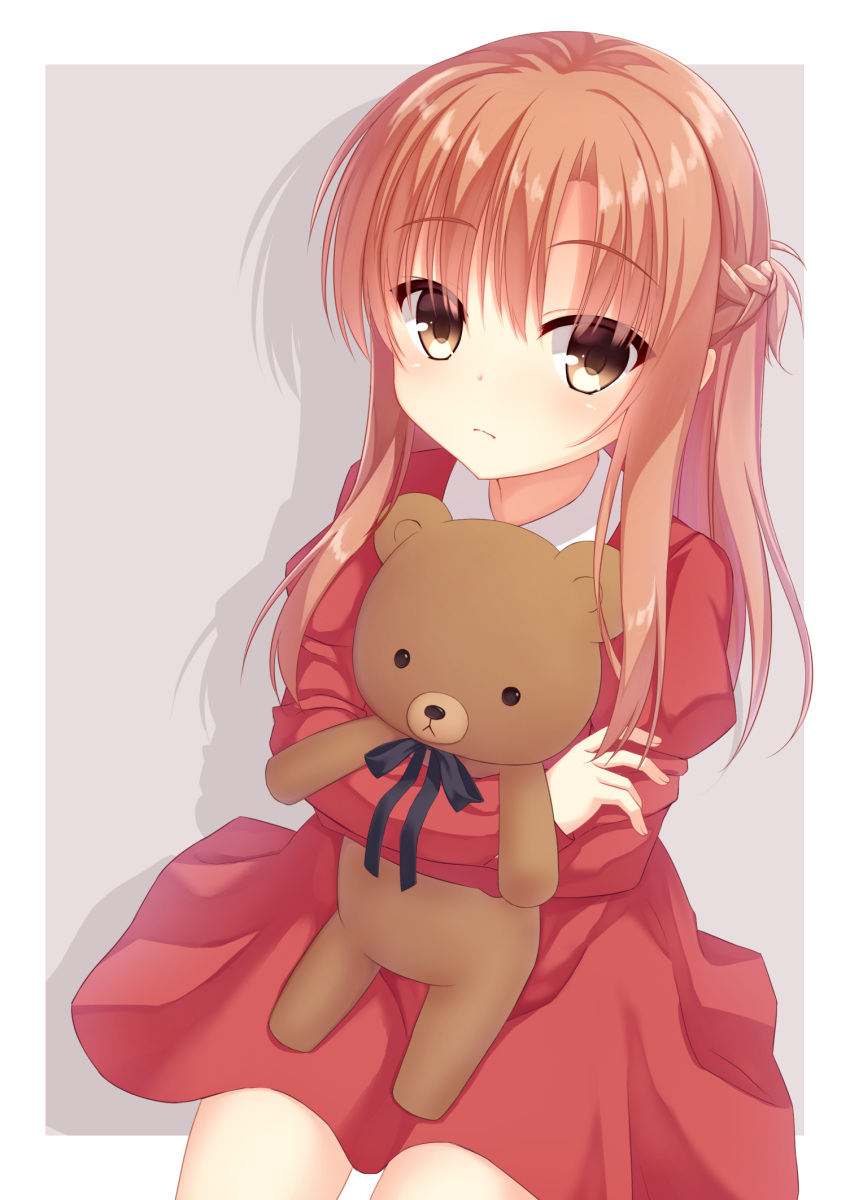 1girl, alternate_costume, animal_ears, asuna_(sao), bare_legs, black_eyes, black_neckwar, black_ribbon, blush, brown_eyes, child, closed_mouth, commentary_request, cute, dot_eyes, dot_nose, dress, eyebrows_visible_through_hair, frame, frown, grey_background, gyaoo_yuzu_soft, highres, holding, holding_to_chest, hug, long_hair, long_sleeves, looking_at_viewer, red_dress, ribbon, shadow, simple_background, solo, stuffed_animal, stuffed_toy, sword_art_online, teddy_bear, younger, yuuki_asuna