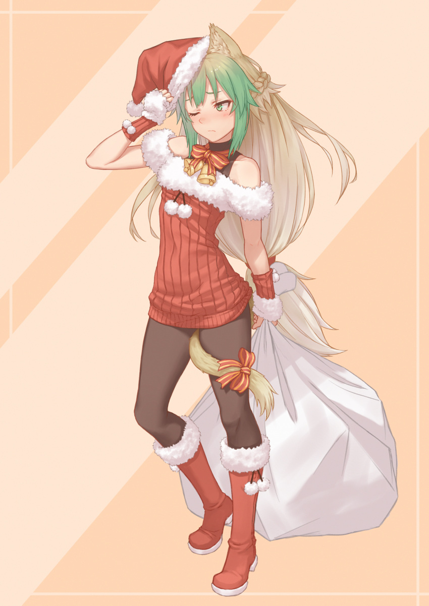 1girl, animal_ears, atalanta_(fate), bare_shoulders, bell, between_legs, boots, bow